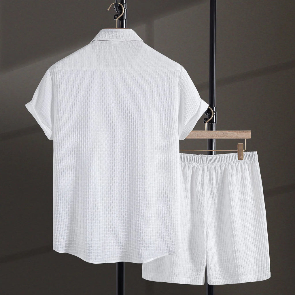 Men's black cotton blend short sleeve shirt and shorts summer suit on hanger
