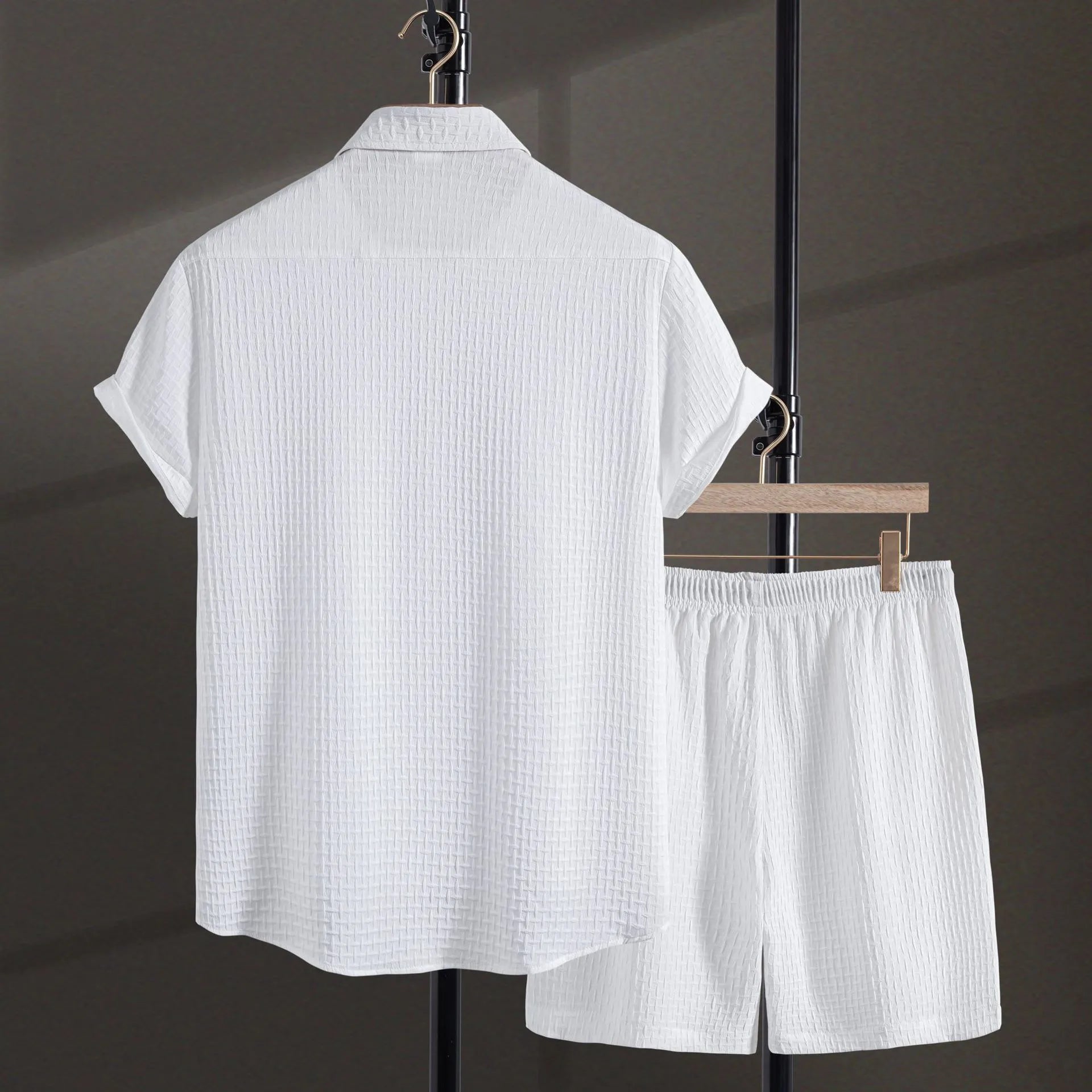 Men's black cotton blend short sleeve shirt and shorts summer suit on hanger