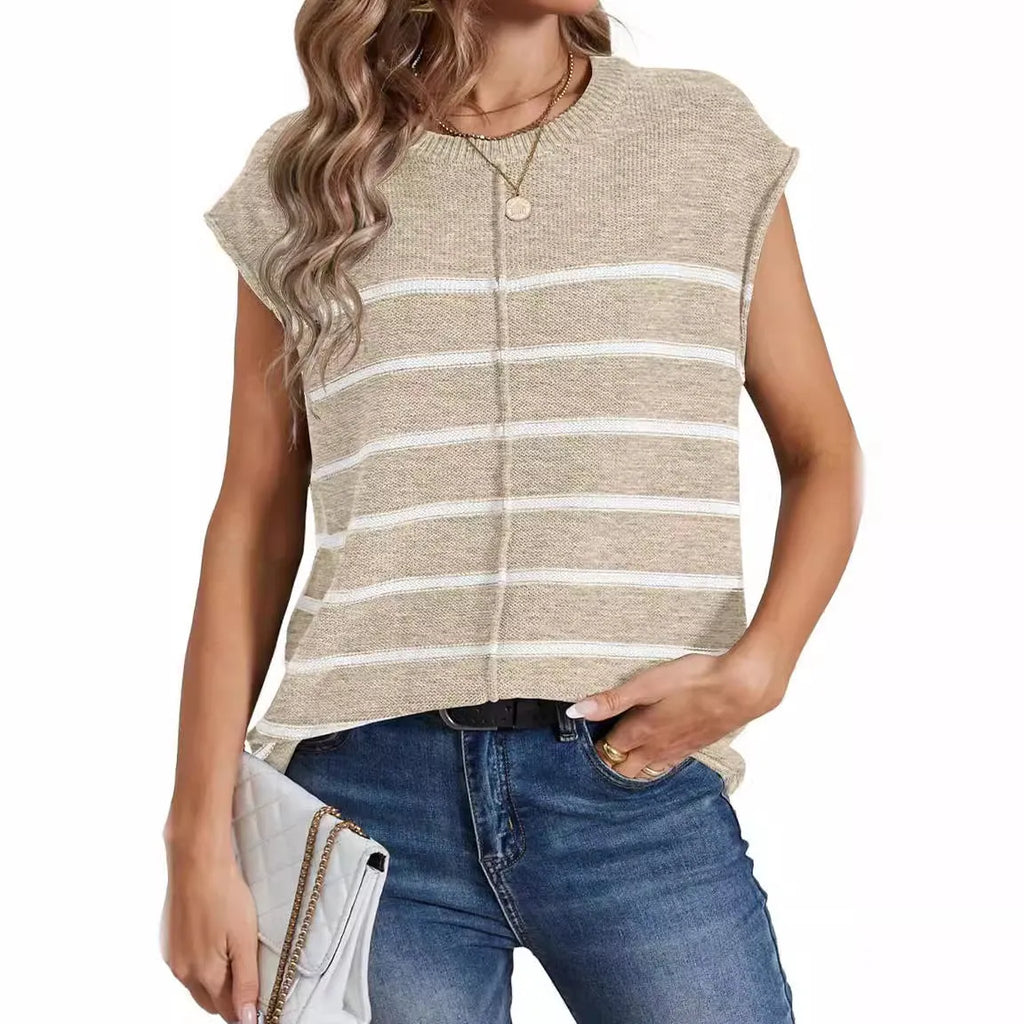 Women's striped sleeveless pullover vest top in apricot colour on a hanger
