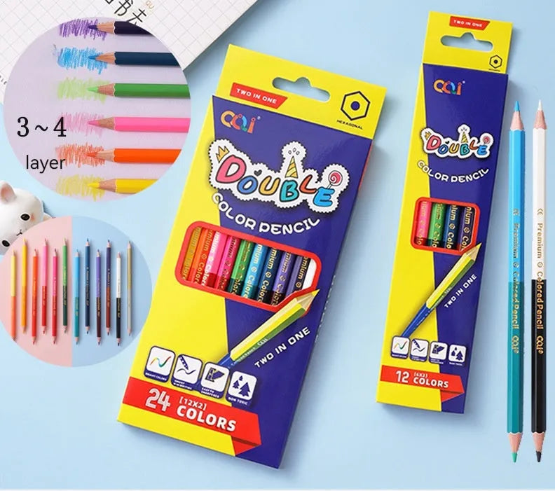 Wooden colour pencil set with double-headed leads in 12 or 6 piece configurations