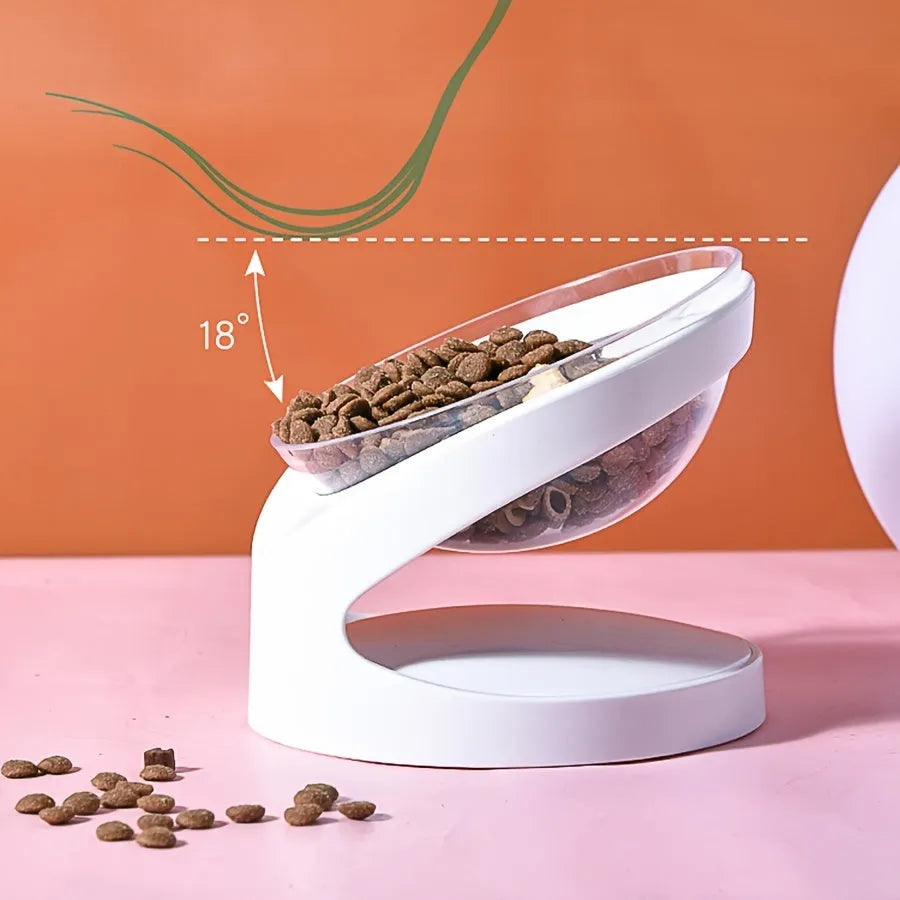 Clear white elevated cat food bowl with ergonomic tilt design for neck protection