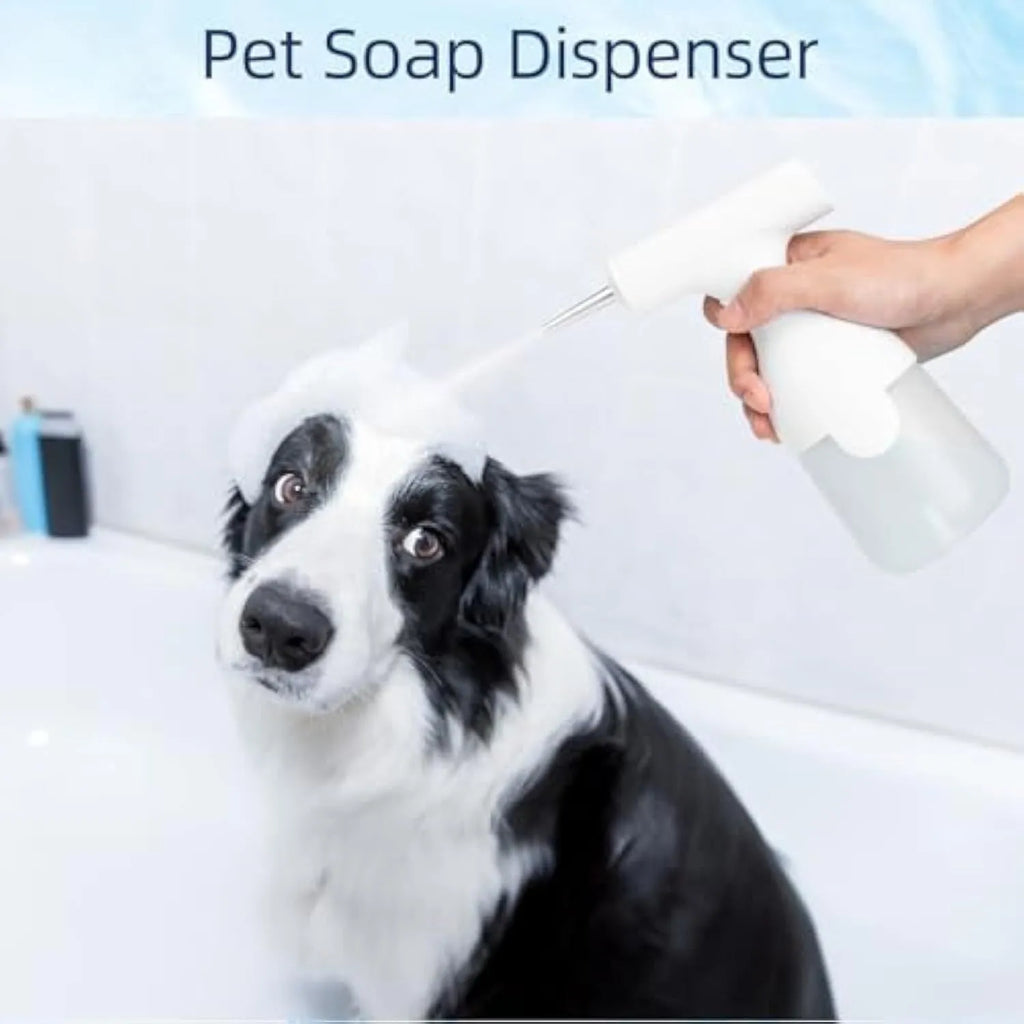 White electric foam soap dispenser with USB charging cable and two nozzles for pet bath and cleaning