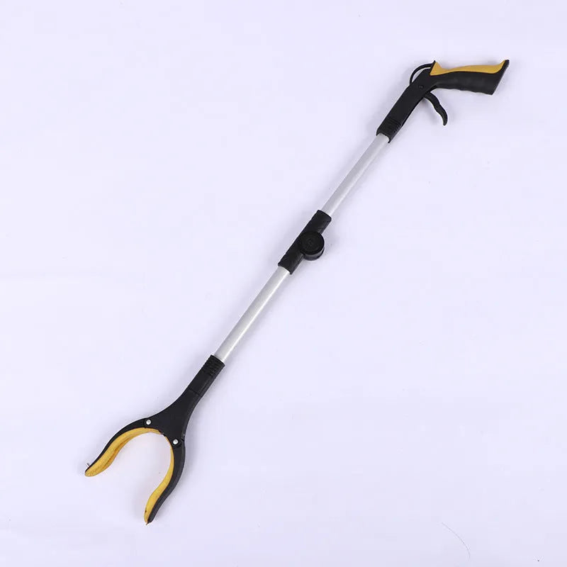 Foldable aluminium garbage pick-up clamp with extended silver rod and blue handle, showing magnet sucker.