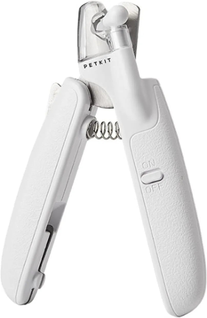 White LED pet nail clippers with transparent guard and triangular steel blade for dogs and cats
