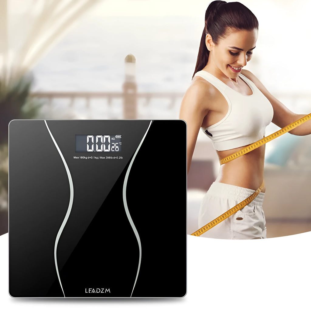 Black electronic bathroom scale with 180kg maximum capacity for household weight measurement