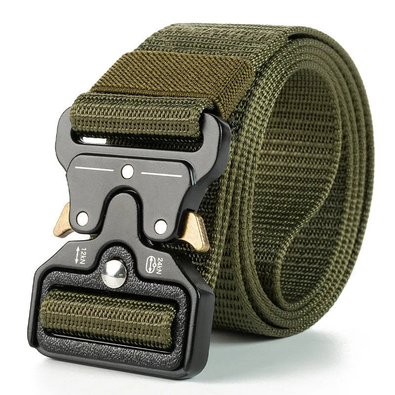 Men's thick canvas tactical belt with alloy release buckle shown in Army Green colour