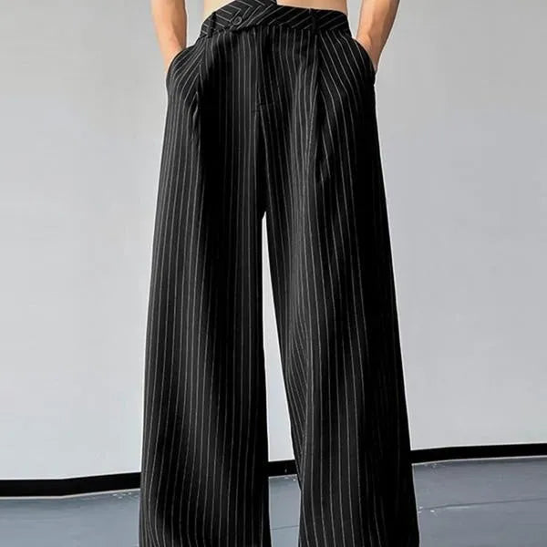 Black men's trousers with vertical stripes and pleated design detail
