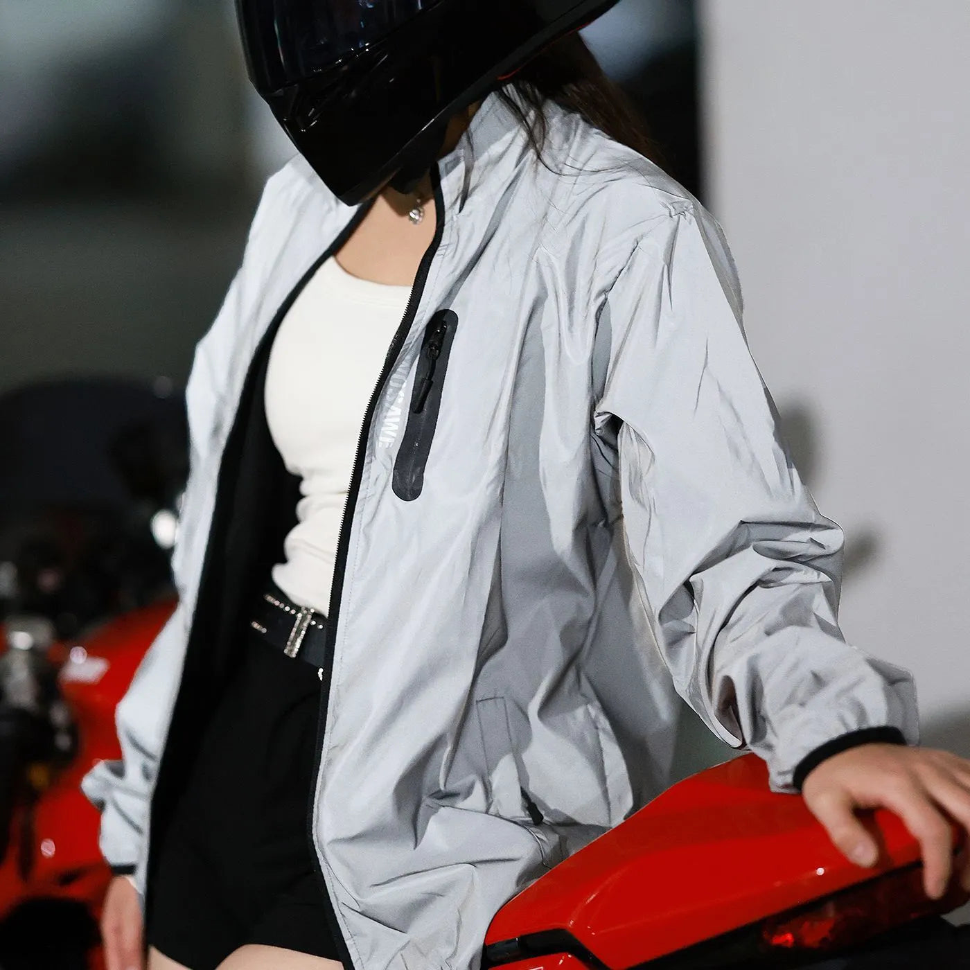 Silver waterproof polyester long sleeve windproof jacket shown flat