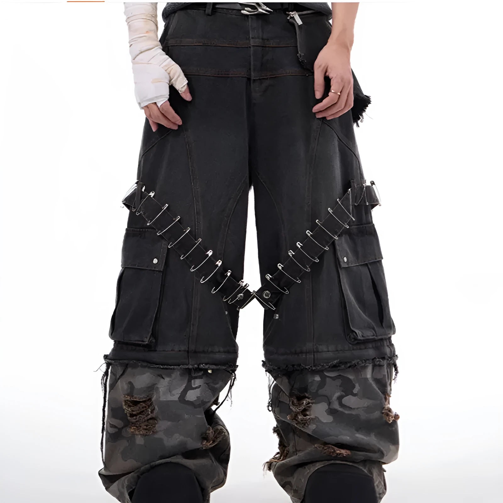 Men's grey jeans with camouflage pattern and ribbed fabric panelling detail, long leg
