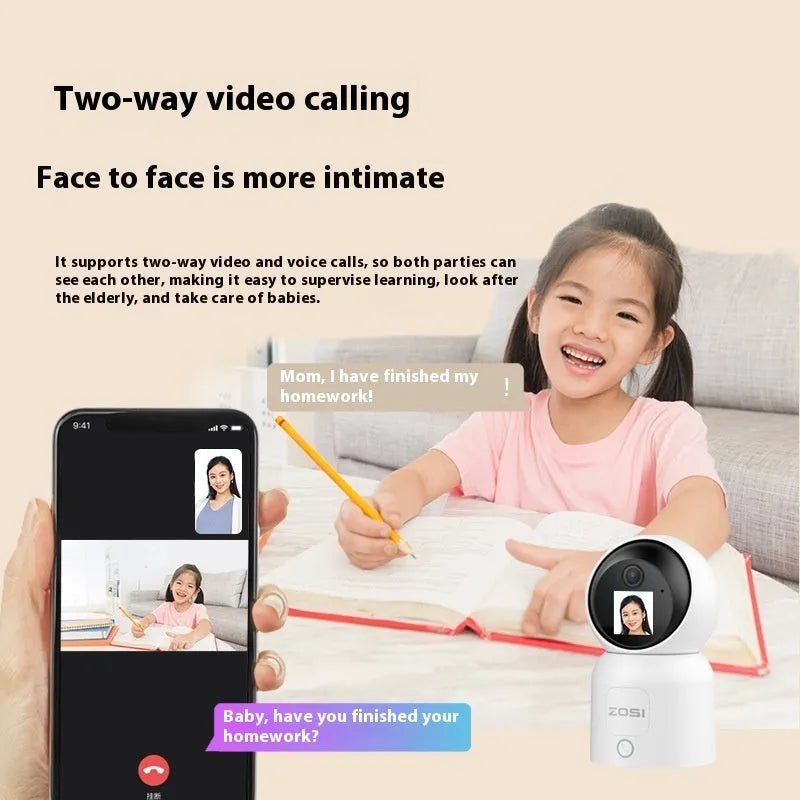 Zhou Shi wireless indoor security camera with large screen on a white plastic housing.