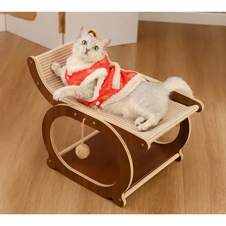 Solid wood sisal cat scratching mat with integrated recliner bed in walnut colour