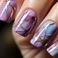 Purple striped mid-length nail stickers set in European American style on a white background