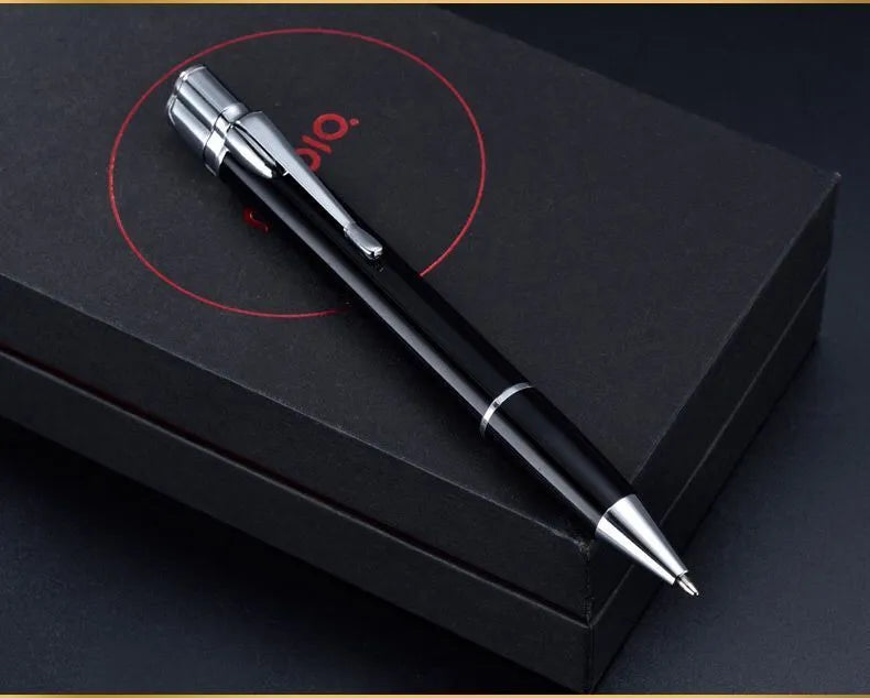 Creative metal signature pen lighter with windproof turbo jet flame in black, with pen clip and side press ignition