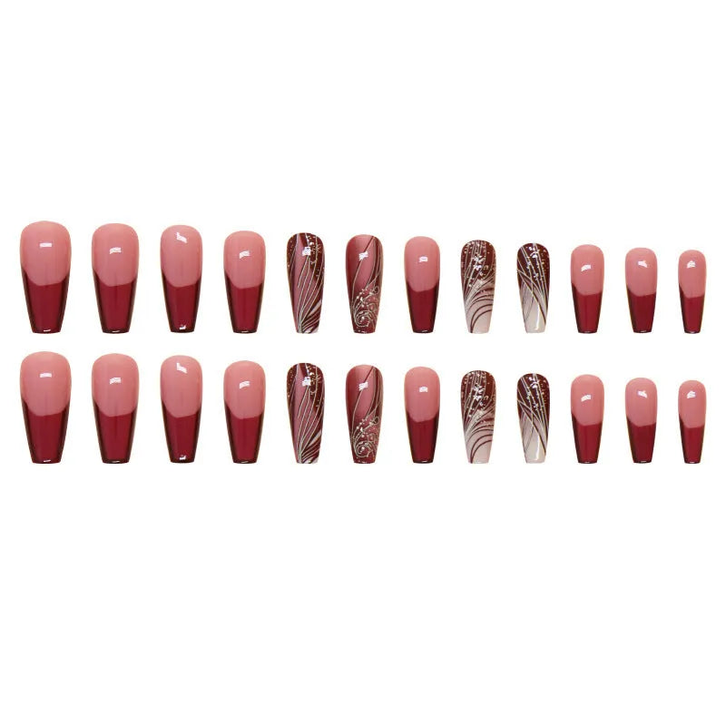 Line pattern fake nails in French line style with removable sticker patch, 24 pieces and glue included