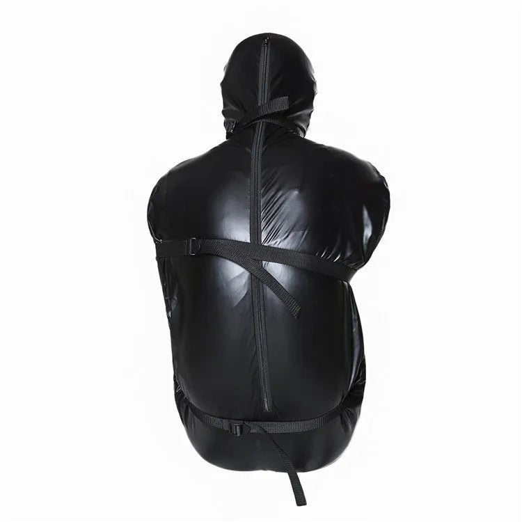 Black patent leather bondage set showing full body wrap and six ratchet tie-down straps