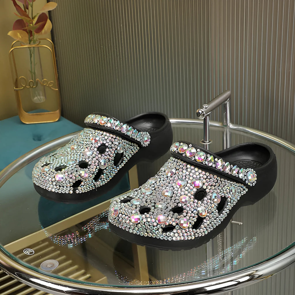 Black women's platform sandals with rhinestone decorations on EVA upper and sole
