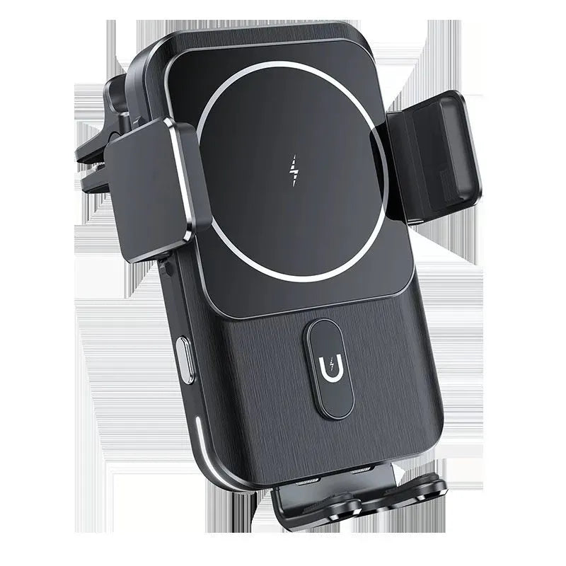 Black car wireless charger phone holder with 15W fast charging suction cup and clip mounts