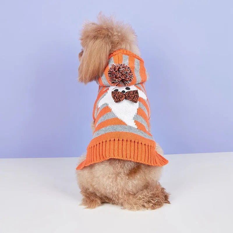 Halloween knitted cold-proof contrast colour striped hooded fur ball pet sweater in orange for dogs and cats