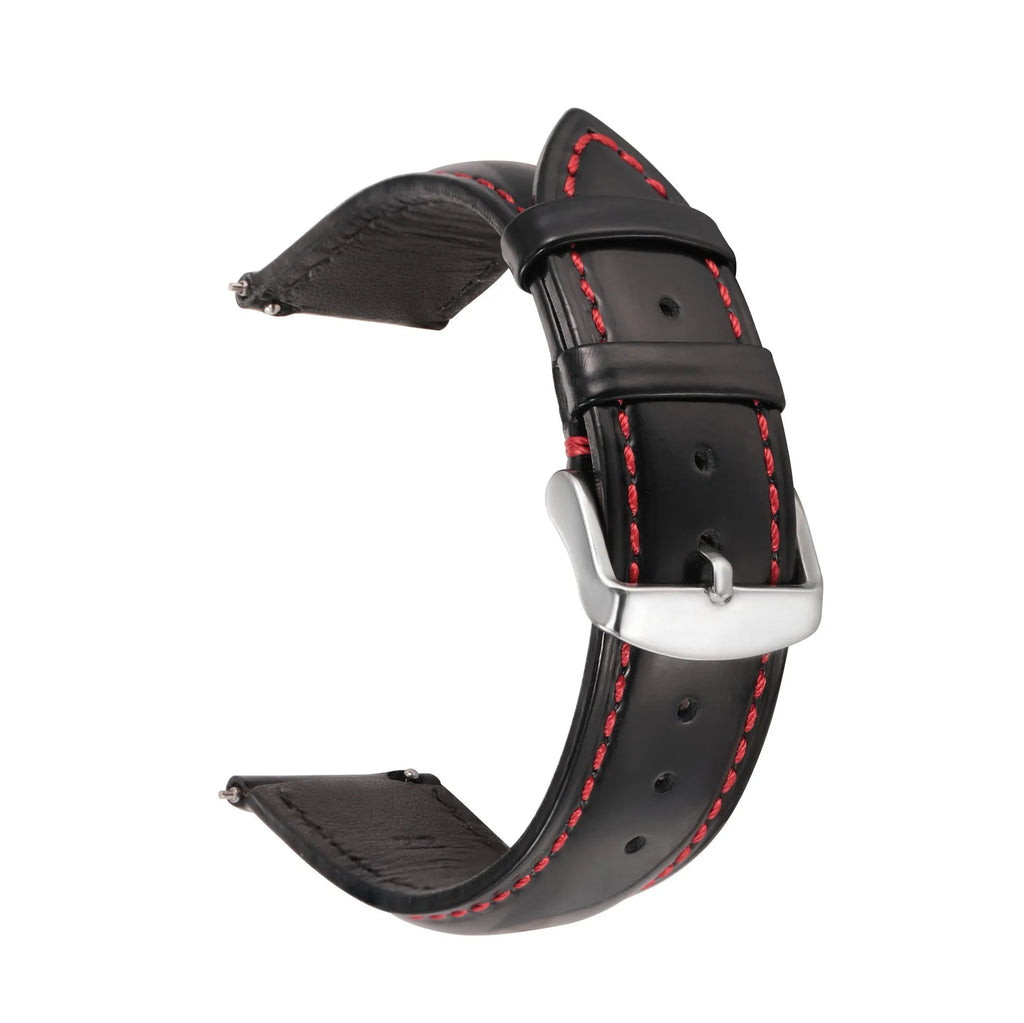 Quick release leather watch strap in bright cowhide showing colour options and width sizes from 18mm to 22mm.