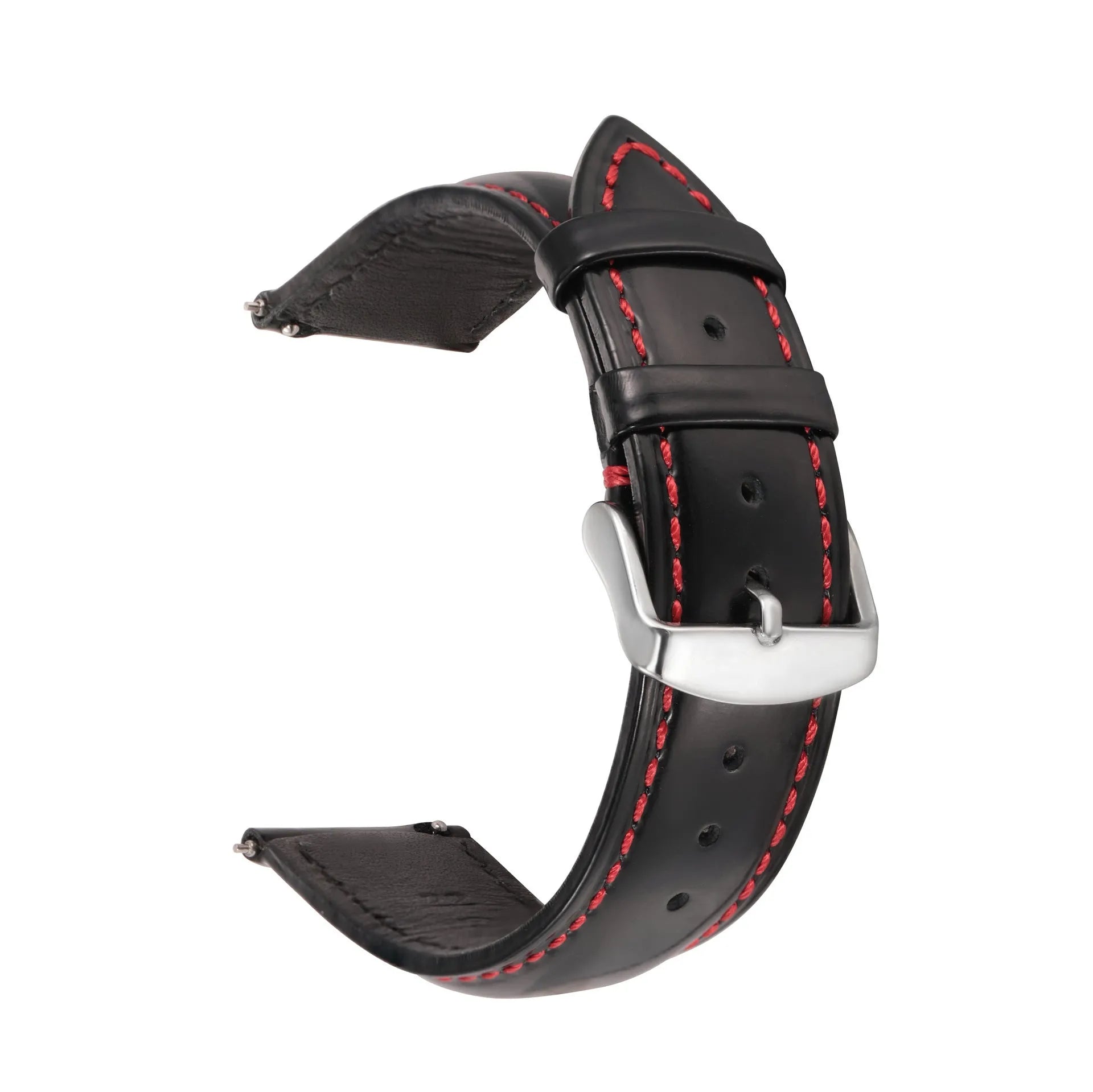 Quick release leather watch strap in bright cowhide showing colour options and width sizes from 18mm to 22mm.
