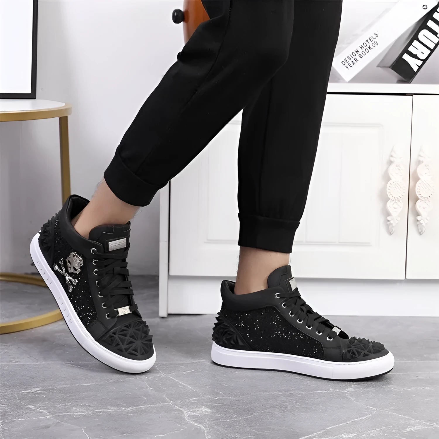 Men's black genuine leather high top skeleton shoes with lace-up closure and rubber sole