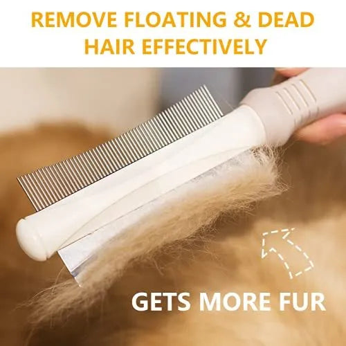White 2-in-1 double-sided dog and cat deshedding brush with grooming comb and ergonomic handle