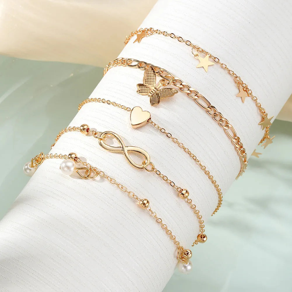 Butterfly Pearl Heart Anklet 4-piece set multi-layer women's alloy anklet Butterfly Love design