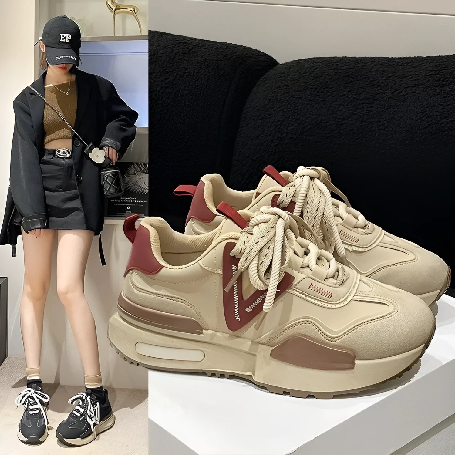 Retro platform sports shoes in black with round toe, front lace-up, rubber sole, and mesh lining