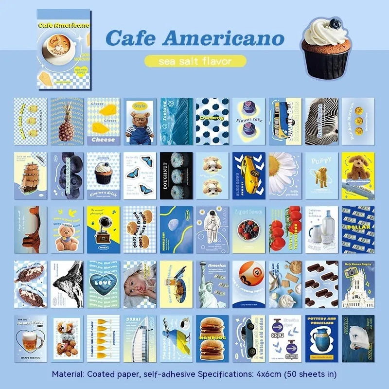 American retro cartoon sticker book with 50 sheets, each measuring 4x6cm, shown in multiple colour options.