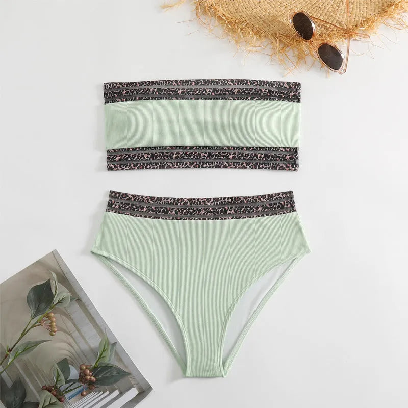 Black leopard print strapless swimsuit with colour block design and brief style