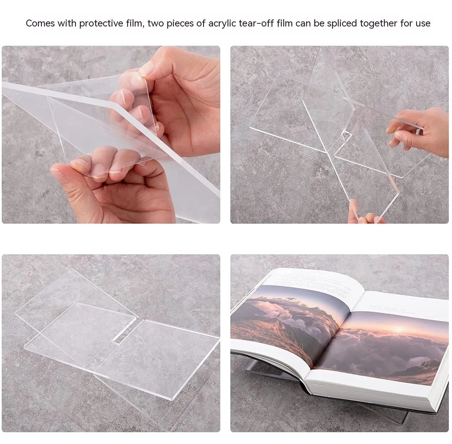 Clear acrylic X-shaped desktop book display rack holding multiple books at angle