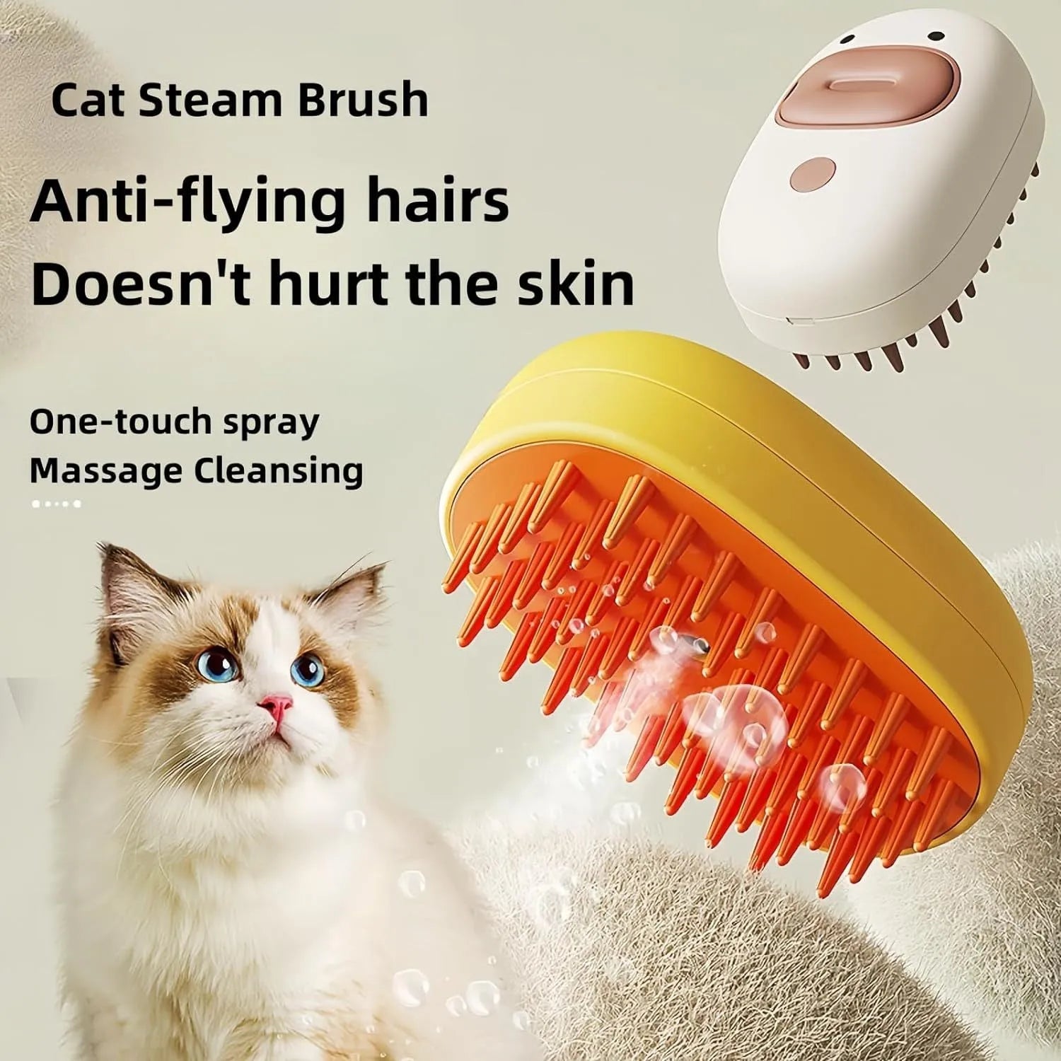 White or yellow rechargeable pet steam brush with rubber comb teeth and water tank.