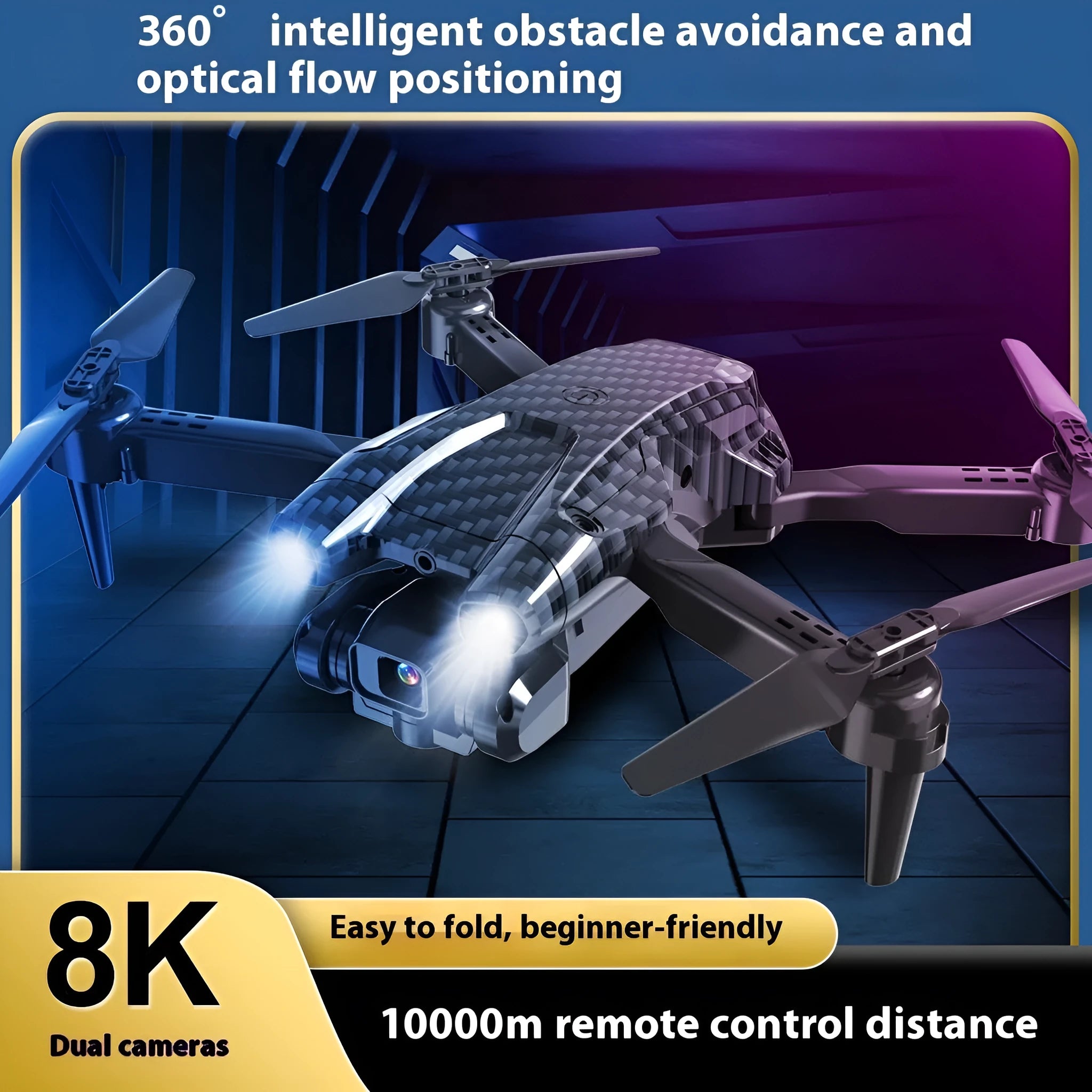 Black S138 carbon fibre folding drone with dual cameras for obstacle avoidance aerial photography