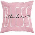 Square short velvet cushion cover with cherry blossom letter print, 45cm size, shown in one of four colour options.