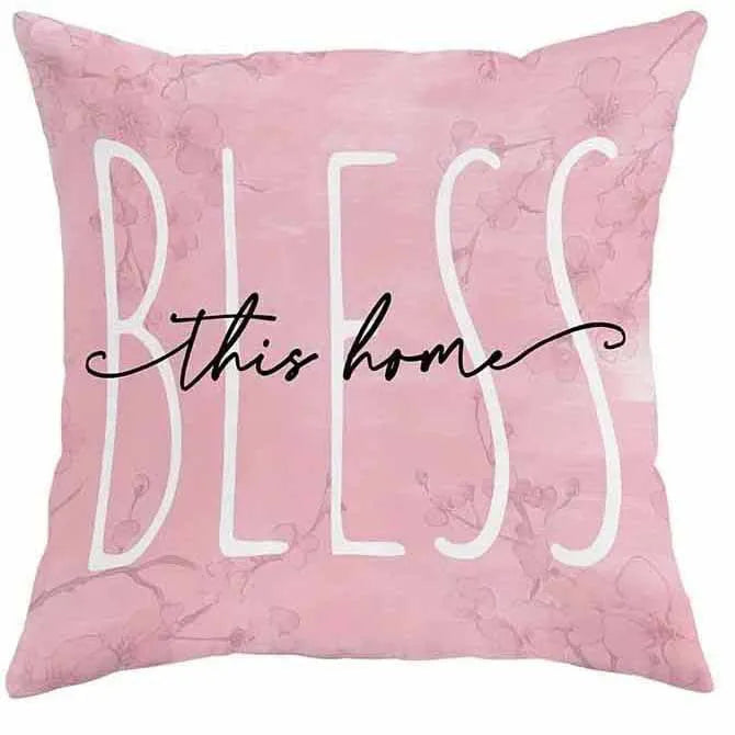 Square short velvet cushion cover with cherry blossom letter print, 45cm size, shown in one of four colour options.