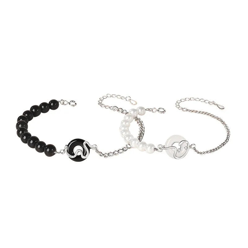 New Chinese style 925 sterling silver snake zodiac couple bracelet with obsidian pearls and safe buckle.