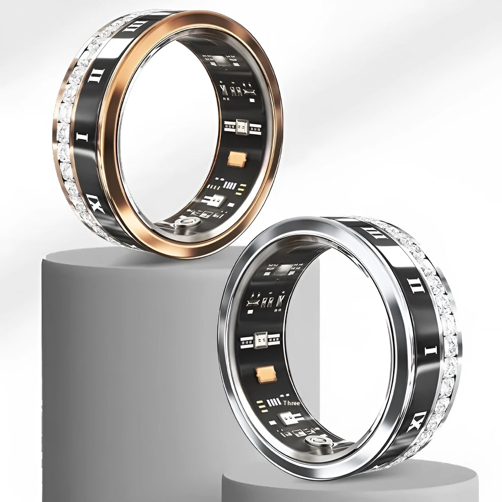 Silver and gold diamond inlaid smart rings for adults showing wearable technology on finger.