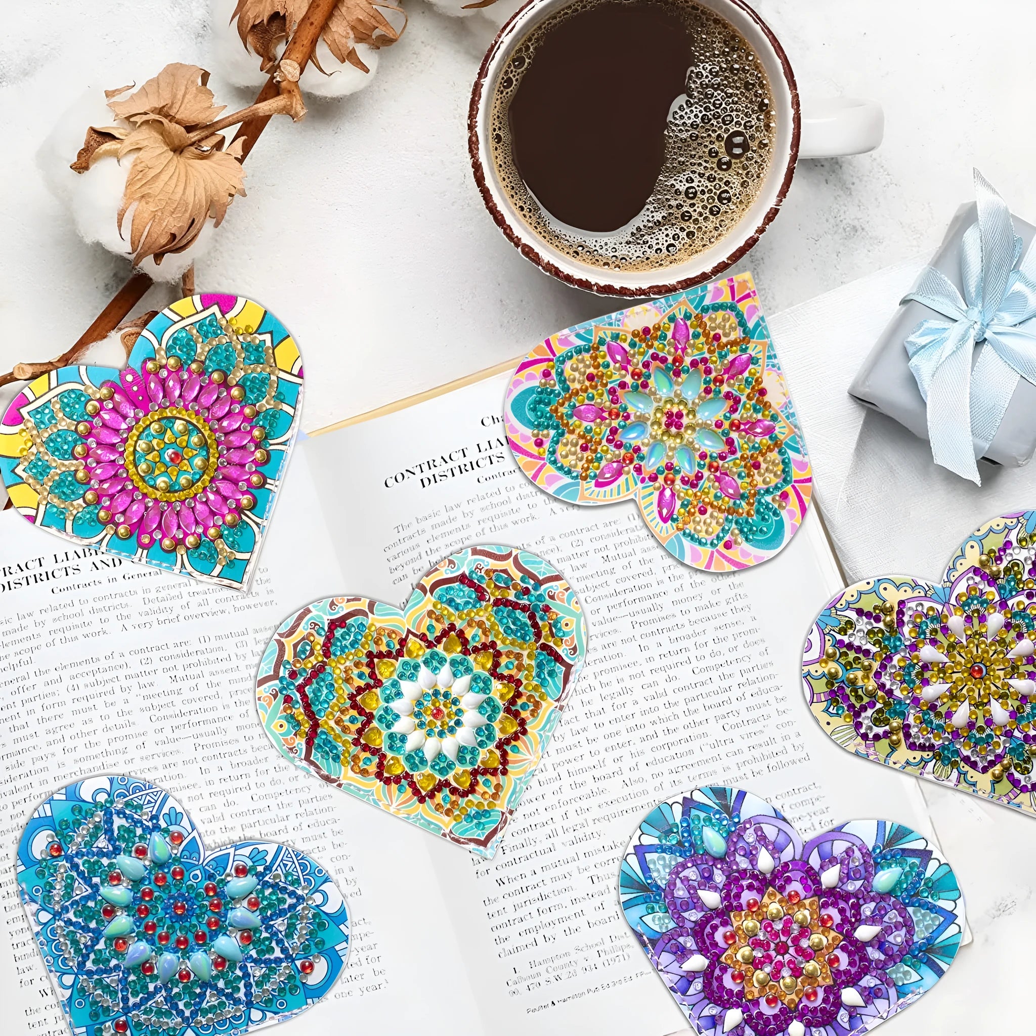 Six PU leather handmade bookmarks with stick-on crystals and floral cornerite decorations