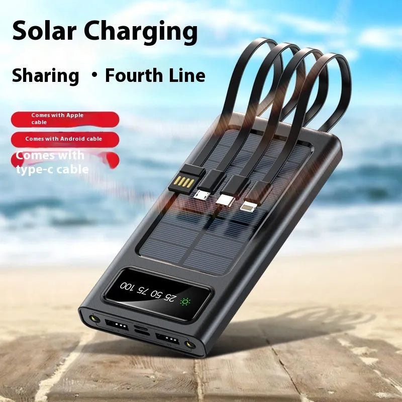 Black solar power bank 20000 MA with cable for mobile phones, plastic shell creative design