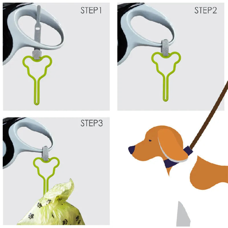 Hands-free dog poop bag holder with adjustable Velcro strap attached to a dog lead