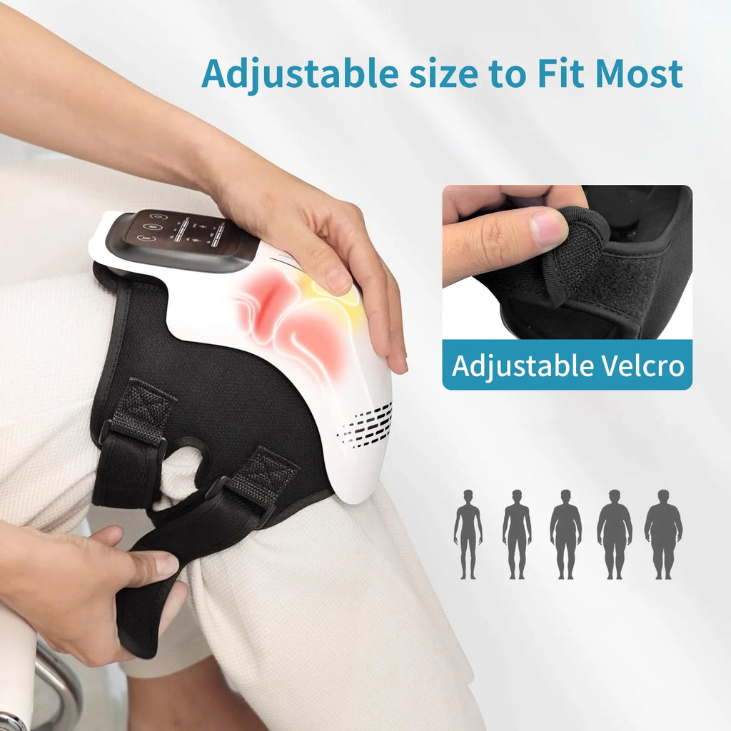 Electric knee massager with intelligent kneading and heating, white colour, USB rechargeable, placed on a sofa