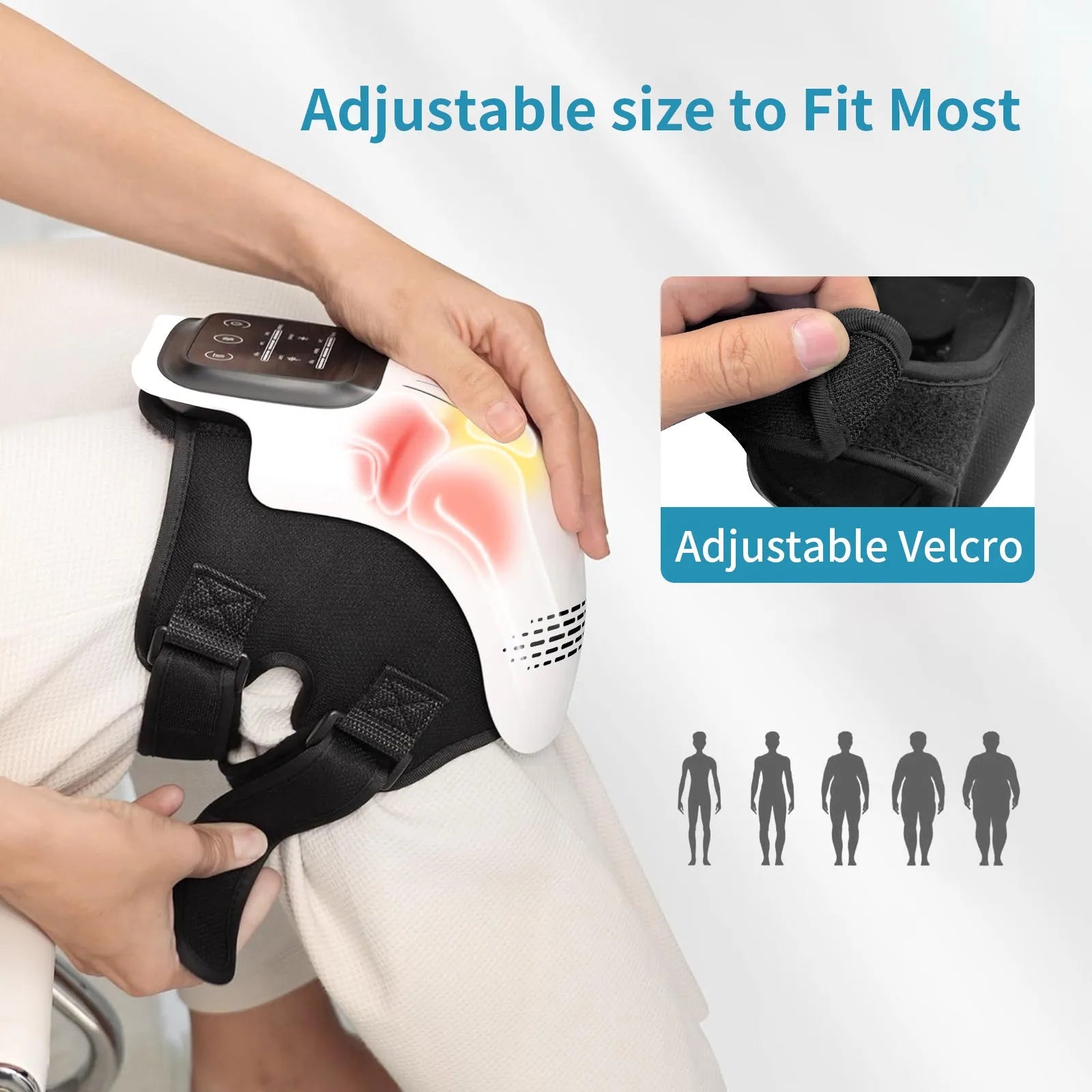Electric knee massager with intelligent kneading and heating, white colour, USB rechargeable, placed on a sofa