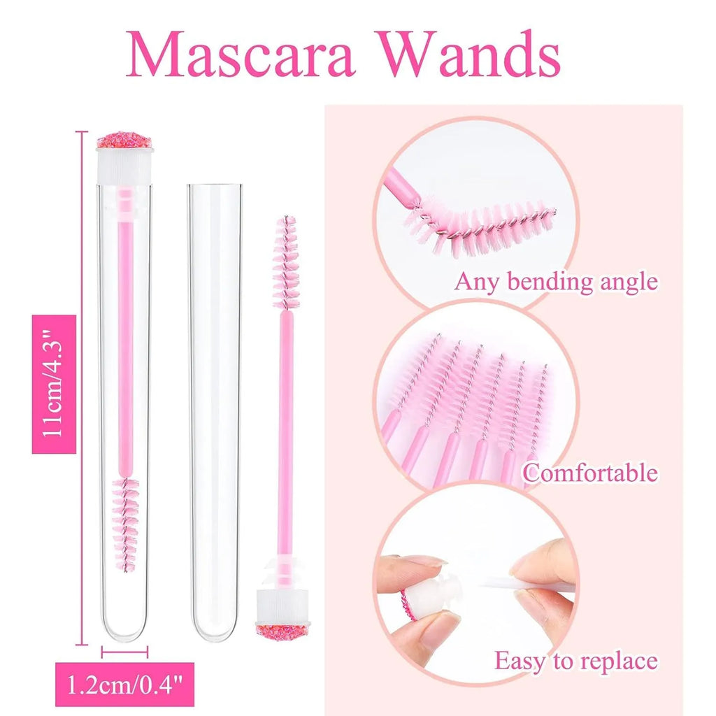 Disposable spiral mascara brushes in blue, green, pink, and purple with transparent storage tubes on white background