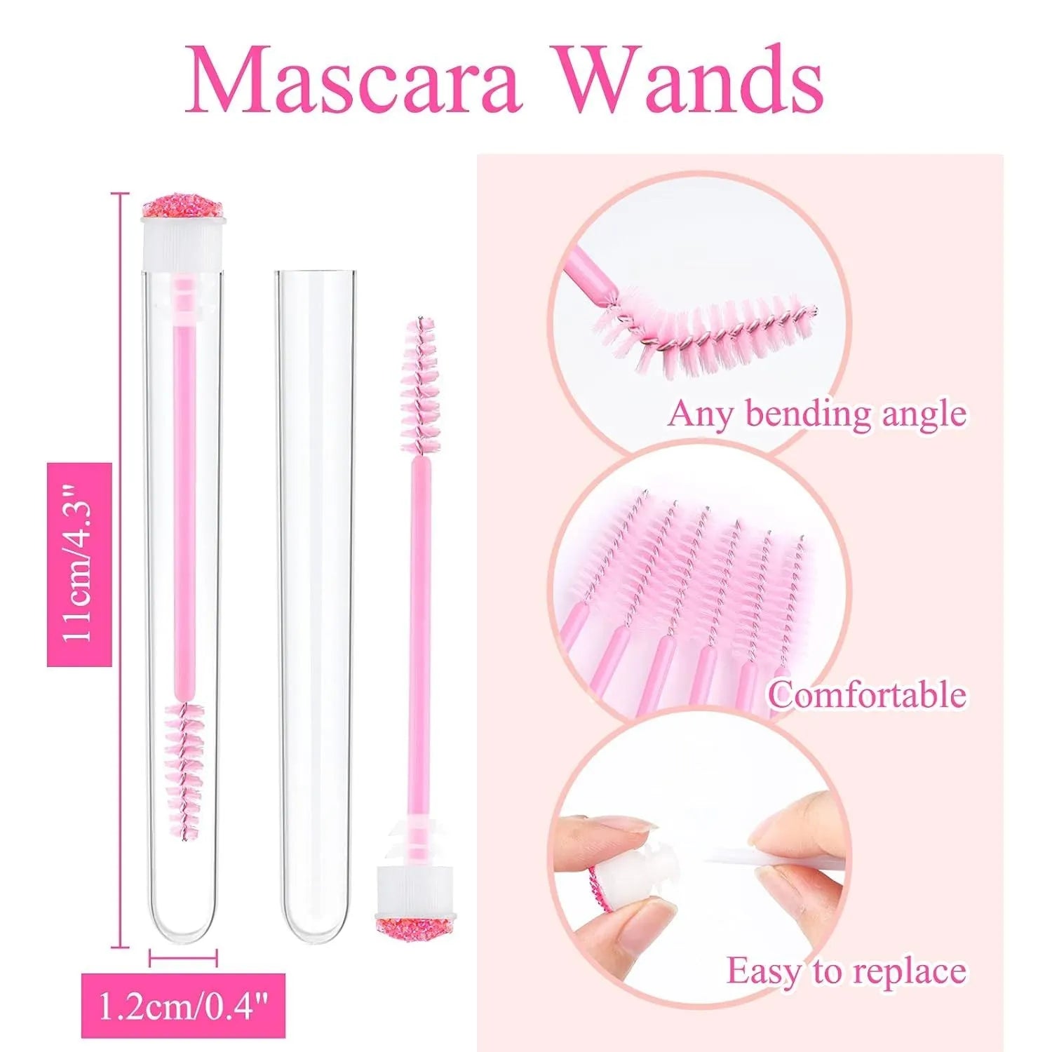 Disposable spiral mascara brushes in blue, green, pink, and purple with transparent storage tubes on white background