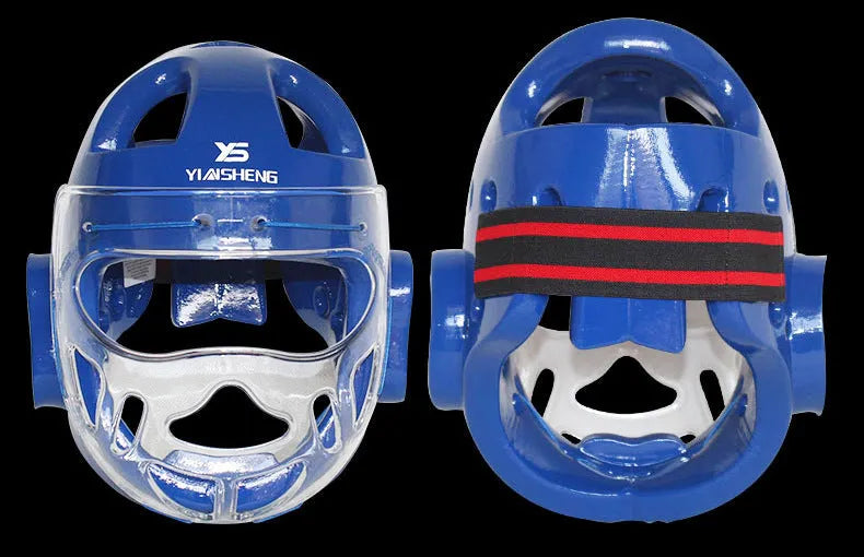 Karate helmet protective equipment in white, blue, and red colours available in multiple sizes