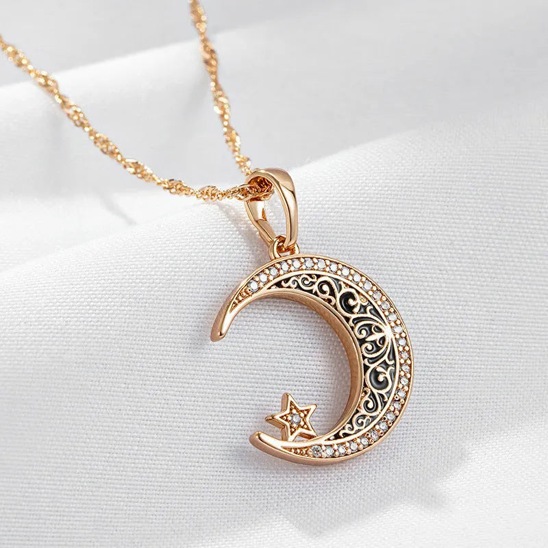 Rose gold star moon enamel zircon pendant necklace with adjustable water wave chain on display