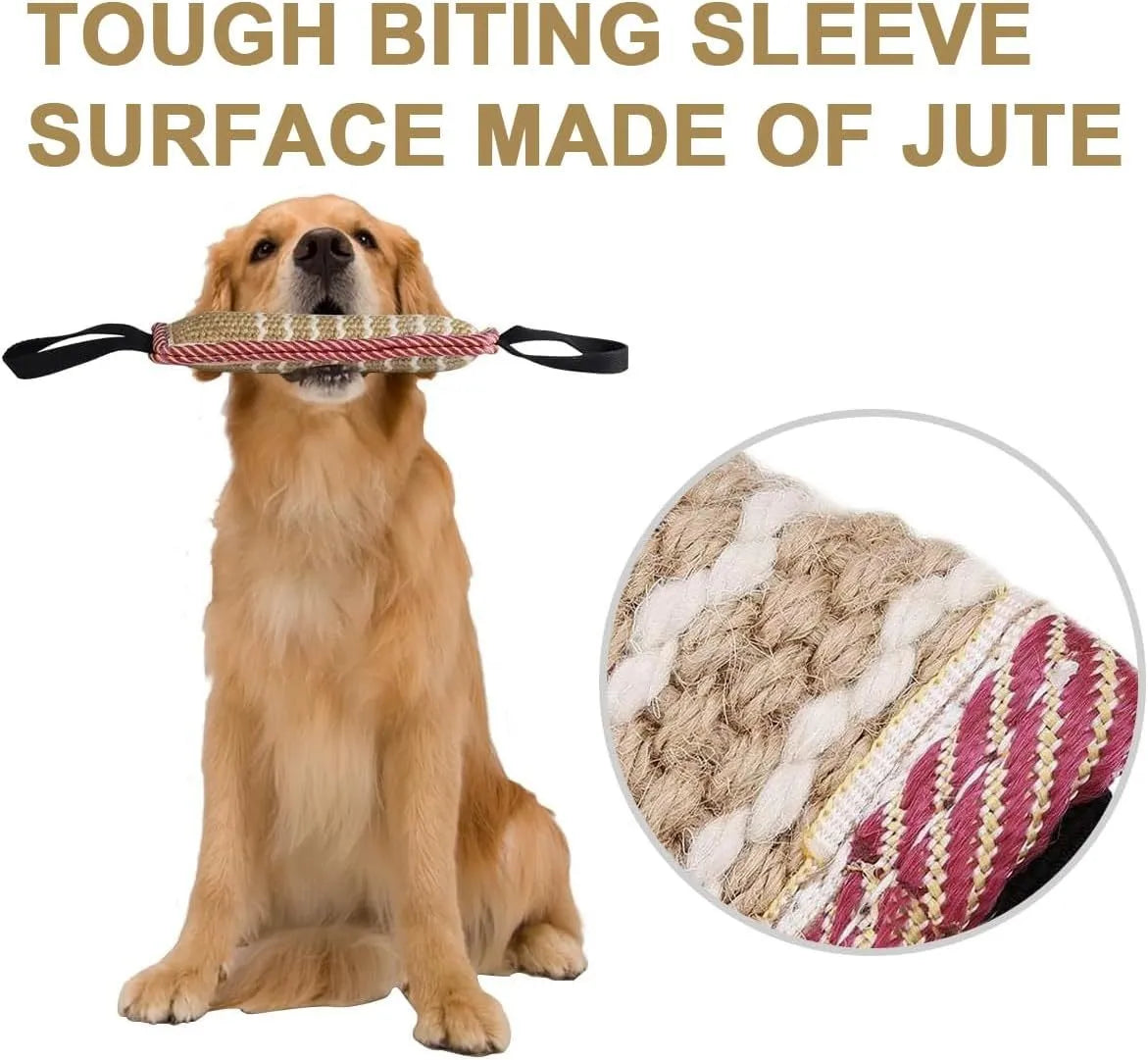 Beige jute dog tug toy with two handles on a white background.