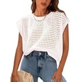 White women's loose fit pullover sweater with long crochet cover sleeves and a round neck.