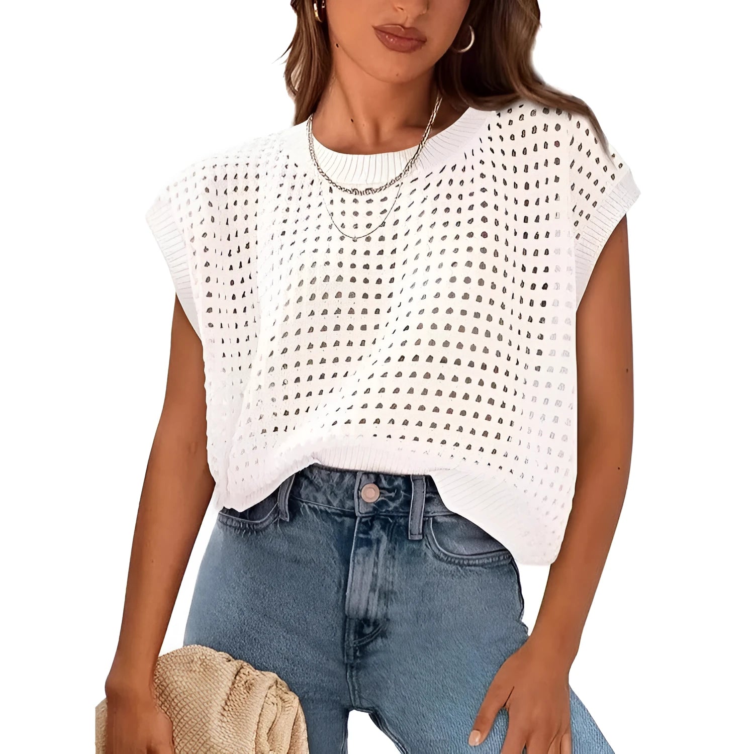 White women's loose fit pullover sweater with long crochet cover sleeves and a round neck.
