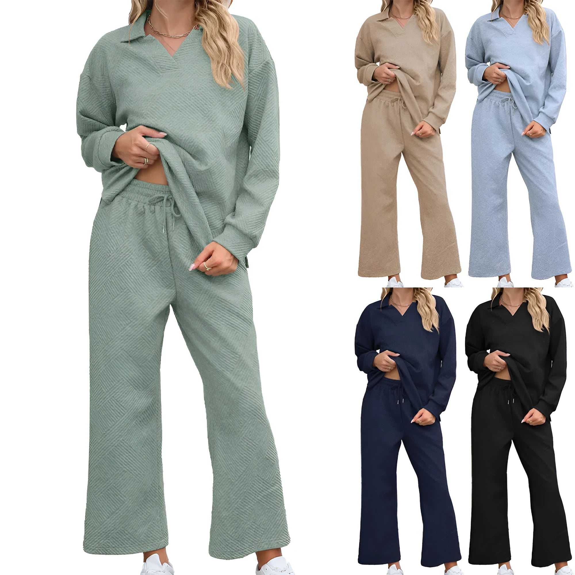 Women's solid colour knit suit with long sleeve V-neck sweater and elastic waist cropped trousers.